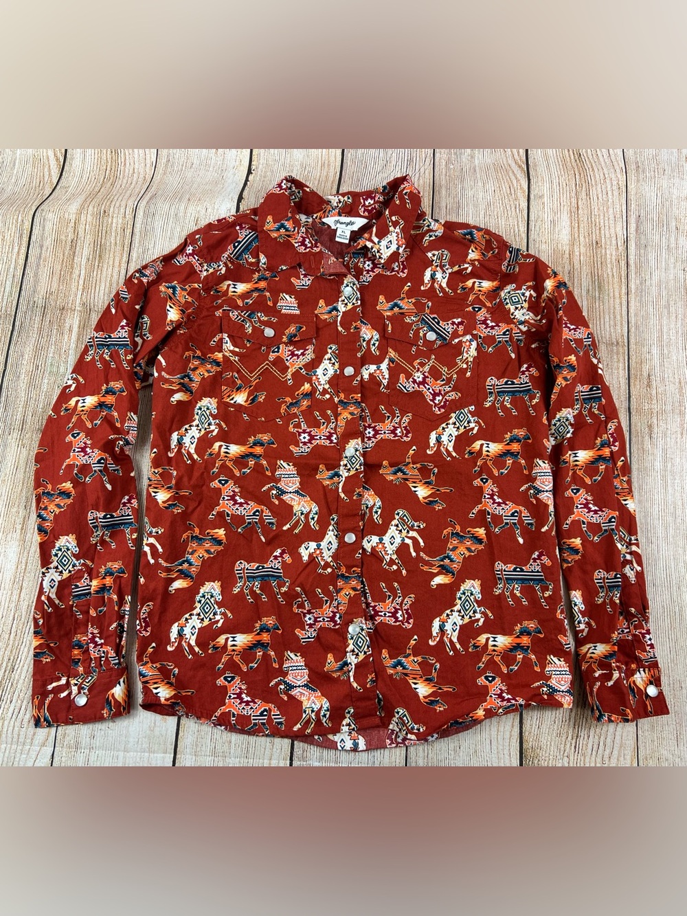 Wrangler Girl's Western Horse Print Snap Button Shirt Rust Red 112353022 Size XL